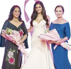  ??  ?? Miss Universe honors the fight against breast cancer with the special appearance of Gloria Diaz, Pia Wurtzbach and Margie M. Floirendo.