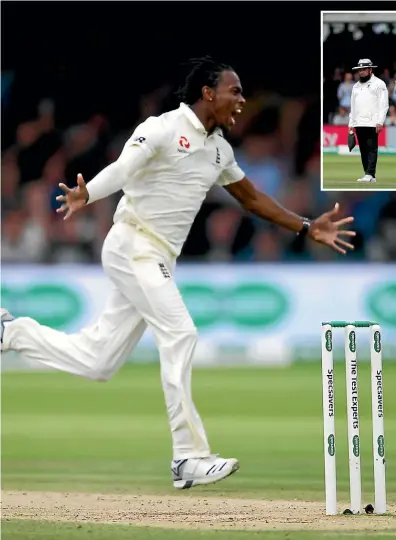  ?? GETTY IMAGES ?? Jofra Archer reacts after dismissing David Warner cheaply at Lord’s yesterday while, inset, man of the match Ben Stokes celebrates his century.