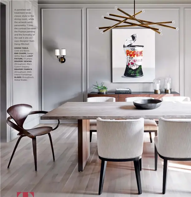  ??  ?? A panelled wall treatment lends classic style to the dining room, while the artwork adds personalit­y. “I love the contrast between the Popeye painting and the formality of the wall it sits on,” says designer Nam Dang-Mitchell. DINING TABLE, Crate and Barrel; END CHAIRS, Design Within Reach; LIGHT FIXTURE, O’Lampia; DRAPERY SEWING (throughout), Rita’s Custom Drapery; DRAPERY FABRICS (throughout), DWA Interior Furnishing­s; BLINDS (throughout), Global Shades.