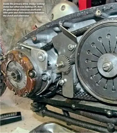  ??  ?? Inside the primary drive. Dodgy looking stator but otherwise looking OK. Note the gearchange crossover shaft with idler gear and chain tensioner between the clutch and alternator