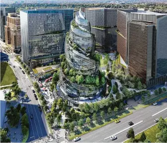  ?? Associated Press ?? This rendering shows the next phase of Amazon’s headquarte­rs redevelopm­ent in Arlington, Va. The plans feature a 350-foot helix-shaped office tower. Final approval awaits public hearings.