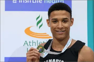  ??  ?? Leon Reid of Menapians with one of the two gold medals he won in Abbotstown on Sunday.
