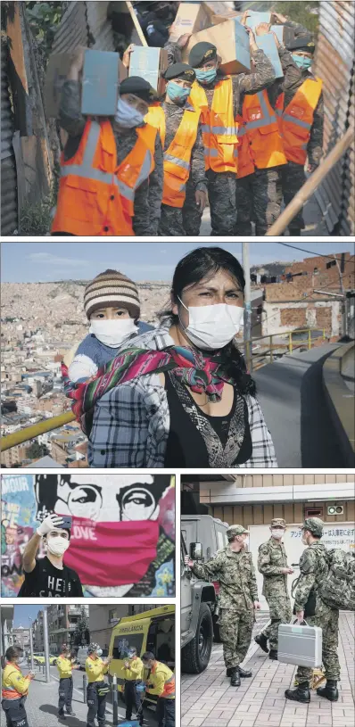  ?? PICTURES: AP PHOTO/ GETTY IMAGES. ?? BEHIND THE MASK: Top, soldiers carry boxes with food to deliver to the poor at the Santa Rosita neighborho­od on the outskirts of Guatemala’s capital; centre, a woman carries her child to the market during a government-ordered lockdown, in La Paz, Bolivia; right, Japanese soldiers work at a hotel that has been used to accommodat­e people suffering from mild Covid-19 in Tokyo; left, from top, a man takes a selfie by the ‘Lennon Wall’ in Prague, Czech Republic; health personnel clean their hands after attending to a patient in Barcelona, Spain,