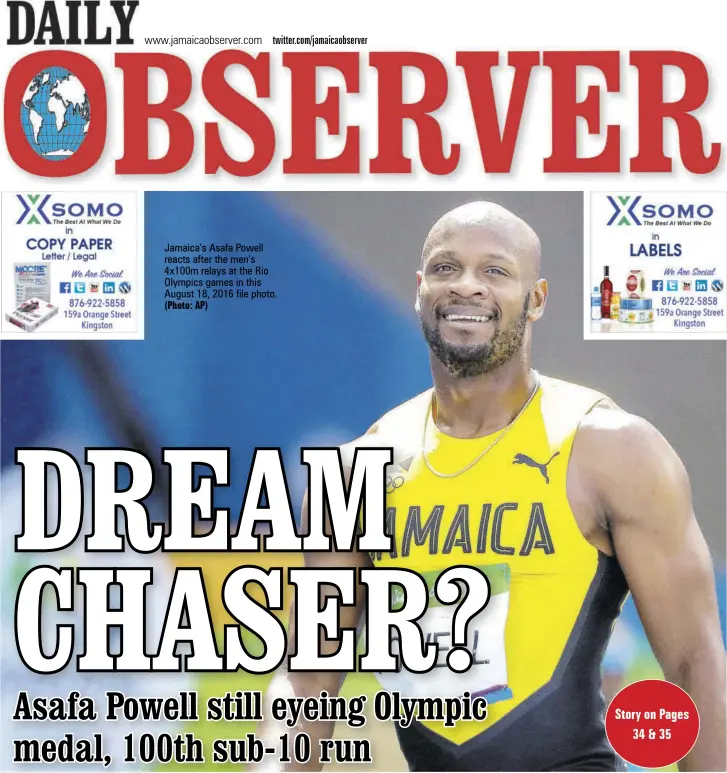  ?? (Photo: AP) ?? Jamaica’s Asafa Powell reacts after the men’s 4x100m relays at the Rio Olympics games in this August 18, 2016 file photo.