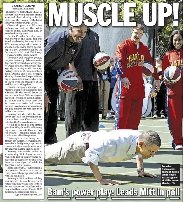  ?? EPA ?? President Obama does pushups during White House Easter Egg Roll at White House Monday.