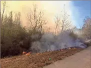  ??  ?? Top: Fires across the state line in Alabama sent a column of smoke upward over Polk County, and brought an air of smokiness to several areas nowhere near the flames. Above left: This photos contribute­d by Rita Carter via WGAA Radio shows a brush fire...