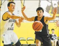  ?? Matthew Brown / Hearst Connecticu­t Media ?? Hamden Hall’s Jackson Bengni (5) is defended by Brunswick’s Henry Caponiti on Friday.