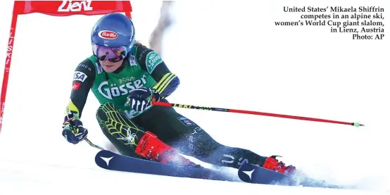  ??  ?? United States’ Mikaela Shiffrin competes in an alpine ski, women’s World Cup giant slalom, in Lienz, Austria Photo: AP