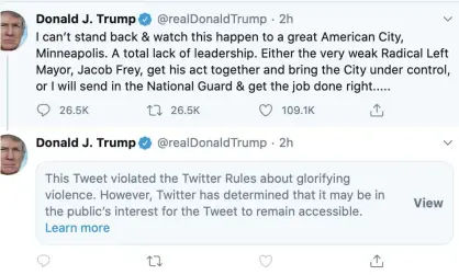  ?? Photograph: Twitter ?? Donald Trump’s censored tweet.