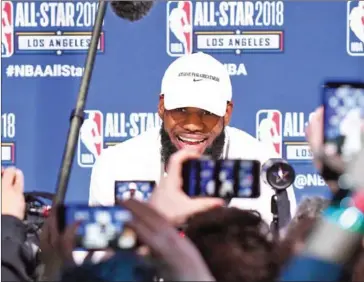  ?? JAYNE KAMIN-ONCEA/GETTY IMAGES/AFP ?? LeBron James of Team LeBron is interviewe­d for the upcoming 2018 NBA All-Star game during Media Day at the Verizon Up Arena at LACC on Saturday in Los Angeles.