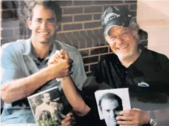  ??  ?? PETE Sampras brandishes his copy of Abe Segal’s book, Hey Big Boy! bestowed by South African entreprene­ur David Hilowitz.