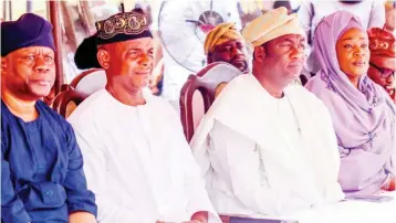  ?? ?? Special Adviser to Lagos State Governor on Works, Adekunle Olayinka ( left); Commission­er for Basic and Secondary Education, Jamiu Alli- Balogun; Deputy Governor, Dr. Kadri Obafemi Hamzat, and his wife, Mrs. Oluremi Hamzat at the 4th Memorial Ramadan Lecture/ Special Prayer for late Oba Muftau Olatunji Hamzat at Yaya Abatan, Ogba- Lagos.