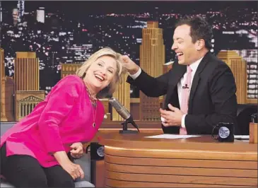  ?? Douglas Gorenstein
NBC ?? CLINTON CALMED supporters’ fears when she showed a fun side on “The Tonight Show Starring Jimmy Fallon” on Sept. 16. But fewer glitterati are stepping up to host fundraisin­g events in California.