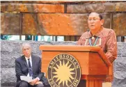  ?? MICHAEL COLEMAN/JOURNAL ?? Acoma Pueblo Gov. Kurt Riley speaks in Washington, D.C., in 2016 in an effort to halt the sale of a sacred Acoma artifact by a French auction house, as Kevin Gover, director of the National Museum of the American Indian, listens. The pueblo is pushing...