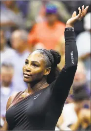  ?? Adam Hunger / Associated Press ?? Serena Williams waves after defeating Venus Williams 6-1, 6-2 during the third round of the U.S. Open on Friday in New York.