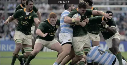  ?? | JUAN MABROMATA AFP ?? SPRINGBOK No 8 Jasper Wiese is tackled by Argentina’s Los Pumas prop Nahuel Tetaz Chaparro, centre, and lock Matias Alemanno during their Rugby Championsh­ip match at Libertador­es de America stadium in Buenos Aires during last week’s encounter.