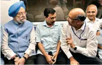  ?? PIC/MPOST ?? Union Minister Hardeep Singh Puri, along with Delhi CM Arvind Kejriwal and DMRC chief Mangu Singh take a ride in metro in Magenta line on Monday