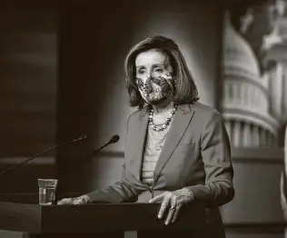  ?? Al Drago / New York Times ?? House Speaker Nancy Pelosi, D-calif., speaks during her weekly news conference at the Capitol. She called on Mcconnell to put the House-passed stimulus bill up for a vote.