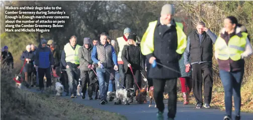  ??  ?? Walkers and their dogs take to the Comber Greenway during Saturday’s Enough is Enough march over concerns about the number of attacks on pets along the Comber Greenway. Below: Mark and Michelle Maguire