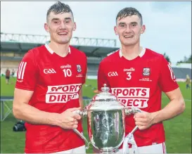  ?? Denis O’Flynn) ?? Brian and Eoin Roche, Bride Rovers following Cork’s All-Ireland Under 20 win over Dublin, on a scoreline of 2-19 to 1-18 at UPMC Nowlan Park. The Rebel county secured a first All-Ireland title in the U20/U21 grade since 1998. (Photo: