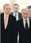  ?? AP ?? Turkish President Recep Tayyip Erdogan, left, and Russian President Vladimir Putin in the Konstantin palace on Tuesday.