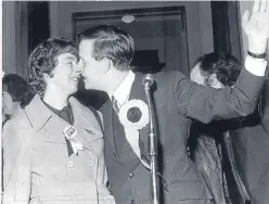  ??  ?? Left: Mr Wilson celebrates his 1974 election win in Dundee East, with his wife, Edith. Right: John McAllion, back, ousts Mr Wilson from his Dundee East stronghold in 1987.