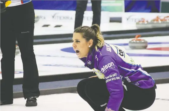  ??  ?? Robyn Silvernagl­e yells instructio­ns to sweepers at the Viterra Saskatchew­an women’s curling championsh­ip at the Horizon Credit Union Centre in Melville on Tuesday.