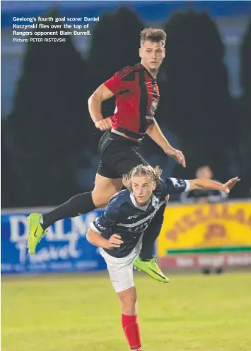  ?? Picture: PETER RISTEVSKI ?? Geelong’s fourth goal scorer Daniel Kuczynski flies over the top of Rangers opponent Blain Burrell.