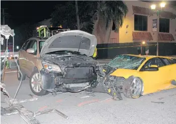  ?? DELRAY BEACH POLICE DEPARTMENT/COURTESY ?? Police reconstruc­ted the moment of impact, using the two vehicles involved in the September 2016 accident. Parttime Uber driver J. Gerald Smith, 82, was killed in the accident, and Roger Wittenbern­s is on house arrest awaiting trial.