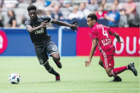  ?? THE CANADIAN PRESS ?? Alphonso Davies, left, has enjoyed great success in MLS, but national team head coach John Herdman says his move to European powerhouse Bayern Munich will accelerate his developmen­t.