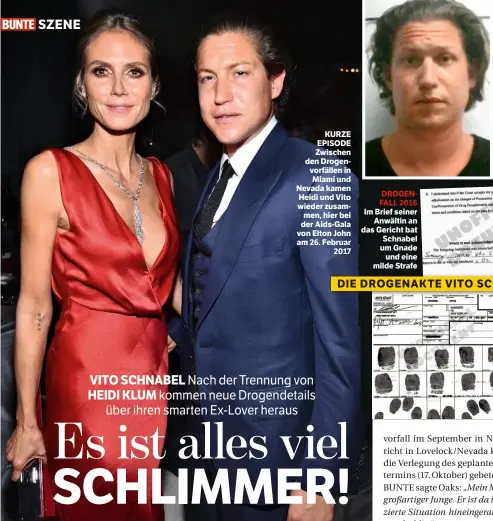  ?? DIE DROGENAKTE VITO SCHNABEL ?? KURZE EPISODE Zwischen den Drogenvorf­ällen in Miami und Nevada kamen Heidi und Vito wieder zusammen, hier bei der Aids-Gala von Elton John am 26. Februar 2017 DROGENFALL 2016 Im Brief seiner Anwältin an das Gericht bat Schnabel um Gnade und eine milde...