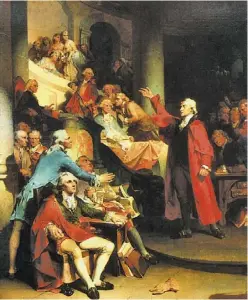  ?? PAINTING BY PETER F. ROTHERMEL ?? Patrick Henry gives his "If this be treason, make the most of it!" speech against the Stamp Act of 1765 in the Virginia House of Burgesses.