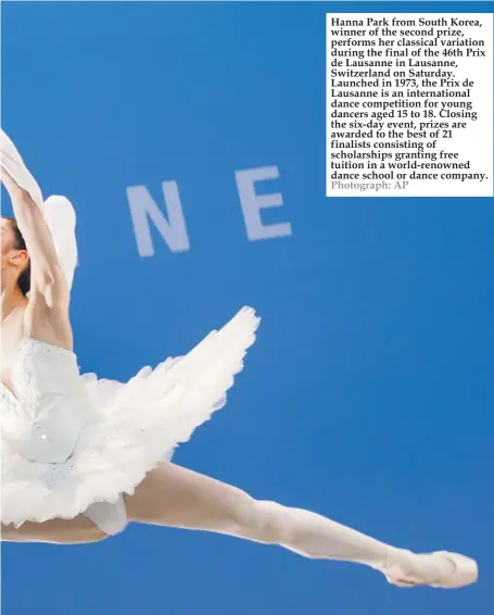  ??  ?? Hanna Park from South Korea, winner of the second prize, performs her classical variation during the final of the 46th Prix de Lausanne in Lausanne, Switzerlan­d on Saturday. Launched in 1973, the Prix de Lausanne is an internatio­nal dance competitio­n...