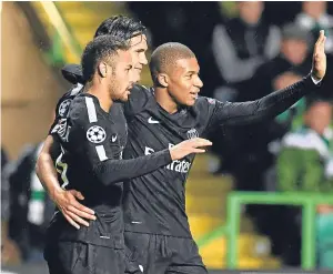  ??  ?? Dream team: Neymar, Edinson Cavani and Kylian Mbappe celebrate