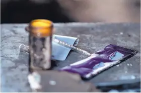  ??  ?? Drug parapherna­lia found by Bernalillo County sheriff’s deputy Alex Apodaca and his partner while checking on a vacant property in the South Valley where drug users tend to take shelter.