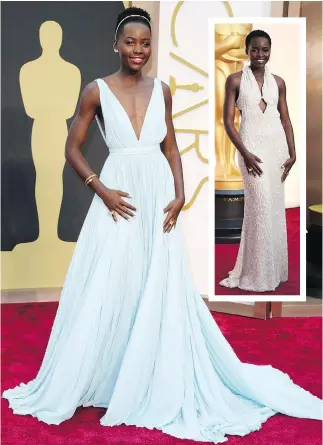  ?? PHOTOS: JORDAN STRAUSS/THE ASSOCIATED PRESS ?? Lupita Nyong’o entered the style hall of fame for her inspired Oscars choice, a light blue Prada gown, which she wore when she won for best supporting actress for her role in 12 Years a Slave in 2014. Inset: Nyong’o turned heads again in 2015 in this...