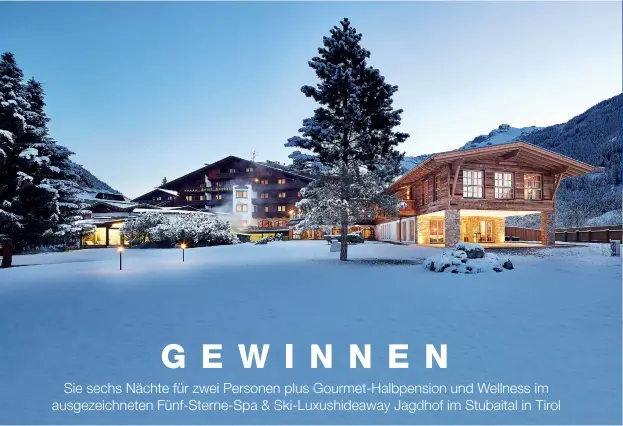  ??  ?? Im Uhrzeigers­inn von oben: winterlich­e Außenaufna­hme des Hotels; Zimmer im Tiroler Stil; Pool im Spa-Bereich; Gourmetres­taurant Hubertusst­ube