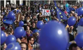  ?? Photograph: Sean Gallup/Getty Images ?? A ‘March for Europe’ to celebrate the 60th anniversar­y of the Treaty of Rome in Berlin in 2017.