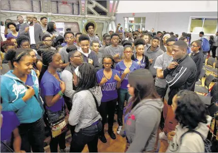  ?? PHOTOS BY STAN CARROLL/THE COMMERCIAL APPEAL ?? Broderick Connesero (top left, with mic) brings a moving message to students during Shelby County Schools’ fourth annual Students Against Violence Everywhere (SAVE) conference.