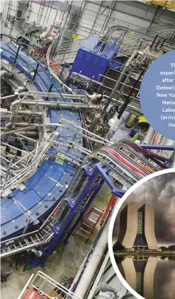  ??  ?? The muon g-2 experiment took place after an epic journey (below) from Brookhaven, New York to the Fermilab National Accelerato­r Laboratory in Illinois (arriving, bottom, and installed, right)