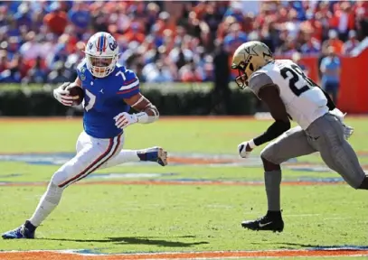  ?? Associated Press ?? Lucas Krull’s last meaningful action came in 2019 at Florida, where he was in a tight ends group that included future first-team All-American Kyle Pitts.