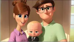  ?? Associated Press photo ?? This image released by DreamWorks Animation shows the characters, from left, Mother, voiced by Lisa Kudrow, Boss Baby, voiced by Alec Baldwin, and Father, voiced by Jimmy Kimmel from the animated film “The Boss Baby.”