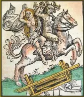  ??  ?? BRUJA VOLADORA El grabado en madera bajo estas líneas, procedente de Las crónicas de Núremberg, de 1493, muestra al diablo y una bruja a lomos de un caballo.