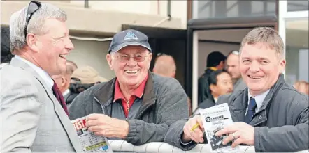  ??  ?? Jim Marks: Flanked by colleague Bill Ewen and trainer Lance Noble, will be honoured at today’s Matamata race meeting.