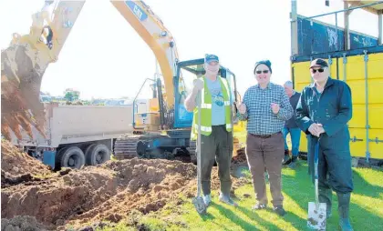  ?? Photo / Stuart Whitaker ?? From left, Te Puke Sports patron Brian Stapleton with Bruce Mcleod and John Thurston, at the site of the new grandstand at the club. Work began on groundwork­s for the project last week.