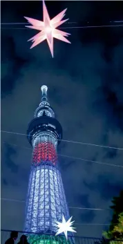  ??  ?? Visitors look at the Tokyo Skytree of the Paralympic­s at Skytree Town in Tokyo on Wednesday. Tokyo marked 1,000 days until the beginning of the 2020 Paralympic­s with a ceremony at the world’s tallest tower. —