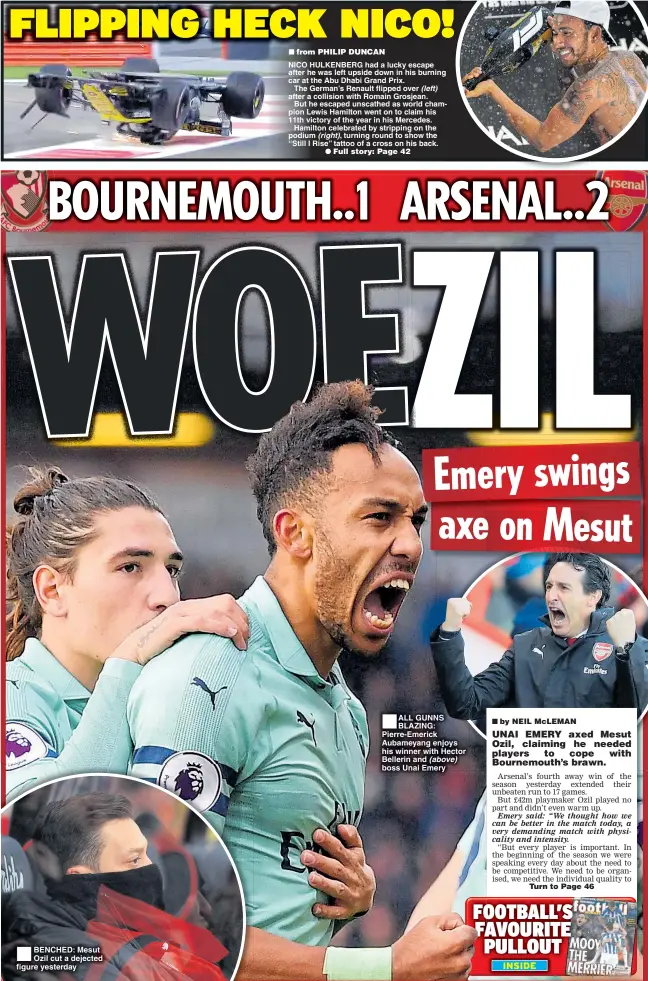  ??  ?? ALL GUNNS BLAZING: Pierre-Emerick Aubameyang enjoys his winner with Hector Bellerin and (above) boss Unai Emery