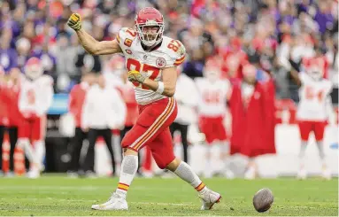  ?? Patrick Smith/TNS ?? The Kansas City Chiefs’ Travis Kelce reacts after a catch against the Baltimore Ravens during the second quarter in the AFC Championsh­ip Game at M&T Bank Stadium on Jan. 28 in Baltimore.