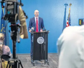  ?? ROBERT SCHEER/THE INDIANAPOL­IS STAR ?? Marion County Prosecutor Ryan Mears speaks during a news conference in Indianapol­is on April 19. Mears said a former FedEx employee who shot and killed eight people at a FedEx facility in Indianapol­is never appeared before a judge for a hearing under Indiana’s “red-flag” law, even after his mother called police last year to say her son might commit “suicide by cop.”