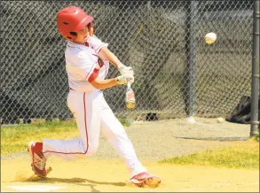  ?? Christian Abraham / Hearst Connecticu­t Media ?? Fairfield American’s Timmy Domizio hits a grand slam home run during a 12- 2 victory over Trumbull National on Saturday at Unity Park in Trumbull.